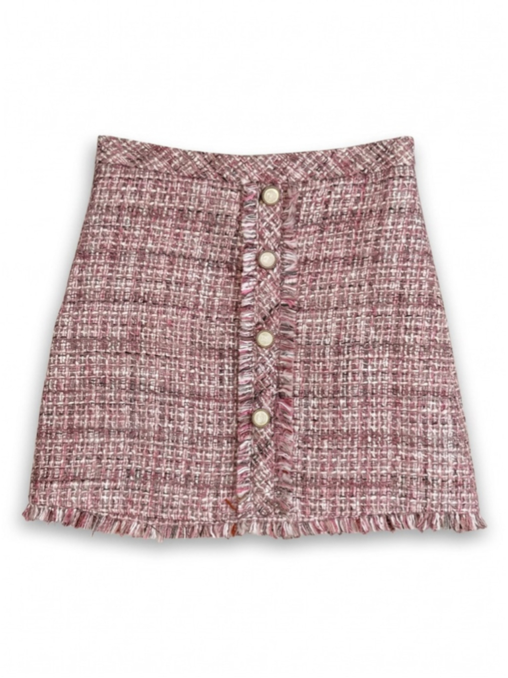 ROSE UNIVERSE Skirt Women Size Large Pink Tweed Woven Fringe Trim Faux Pearl